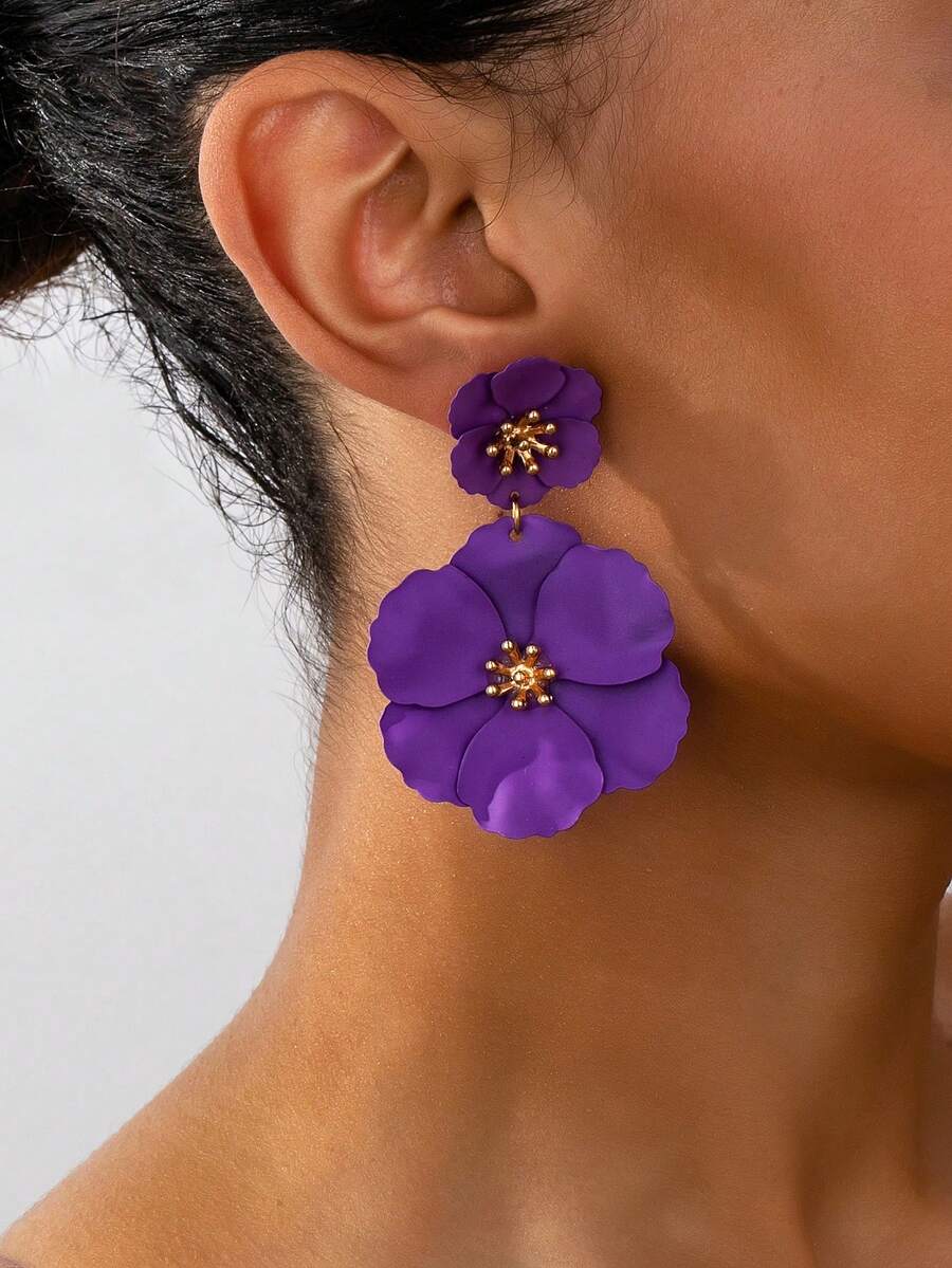 1 Cặp bông tai thời trang mới sơn kim loại hoa tối giản thanh lịch dành cho nữ, bông tai dạng lủng lẳng hoa lãng mạn, bông tai hoa sáng tạo dành cho nữ - Màu tím - Xem 1