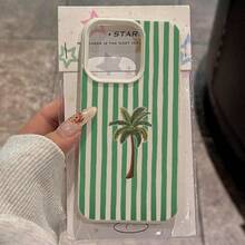 1pc TPU Material Green Striped Coconut Tree Pattern Phone Case Compatible With Apple// Phones - White - View 3