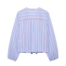 ZEVITY Blusa de gasa a rayas con decoración de lazo para mujer, Blusa casual LS1415