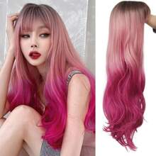 LOmbre Pink Long Wig With Bangs Dark Root Curly Wavy Wigs Synthetic Heat Resistant Fiber Hair Wig For Cosplay Halloween Use Dark Pink 5001 - 粉紅捲髮 - 查看 1