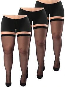 3 Pairs Plus Size Thigh High Stockings Semi Sheer Thigh High Socks Nylon Over The Knee Tights Pantyhose For Women - 白色 - 查看 8