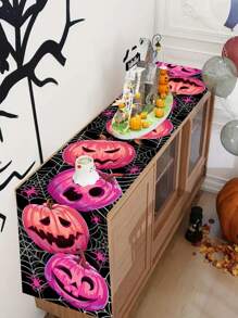 1Pc /100PCS 35*180cm Halloween Pink Pumpkin Themed Polyester Table Runner - Black Spider Web Background, Exquisite Carved Pink Pumpkin Pattern, Suitable For High-End Halloween Parties, Family Gatherings, Festive Dining Table Decoration