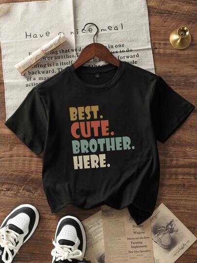 Tween Boy Casual Black Round Neck Print Short Sleeve T-Shirt, Summer Top