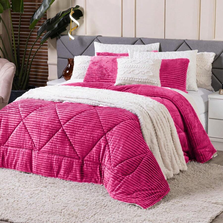 Denver QUEEN Double-Sided Ribbed Blanket Kit 3 Pieces - Comforter Set Blanket In Warm, Soft, Ribbed Microfiber Blanket Winter Decoration Striped Blanket - Rosa Fucsia - Ver 1