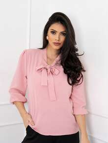 Elegant Women's Blouse With Bow Collar, 3/4 Sleeves, Dune Fabric - 粉色 - 查看 1