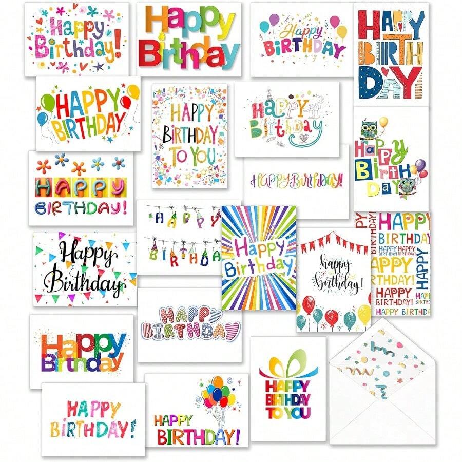 SHUS0087-100 Happy Birthday Cards Bulk Blank Inside With Envelopes And Stickers 20 Unique Bright Colorful Designs Notes Large 5x7 Inches Folded Thick Cardstock In A Sturdy Packaging - 多重設計 - 查看 1