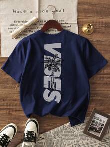 Summer Casual Printed Crew Neck Short Sleeve T-Shirt, Suitable For Boys And Children - Coconut Tree Holiday - Get The Matching T-Shirt For Your Friends Who Are Preparing For An Exploration Trip! Young Boy Graphic T-Shirt, Boys Clothing - Navy Blue - View 1