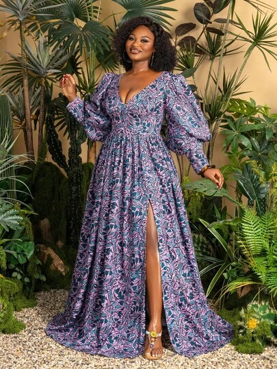 Vestido largo de mujer talla grande con : Cuello en V favorecedor, mangas de farol elegantes, abertura alta chic y silueta acampanada fluida. Perfecto para salidas diarias, paseos casuales por la playa, escapadas de fin de semana y picnics al aire libre.