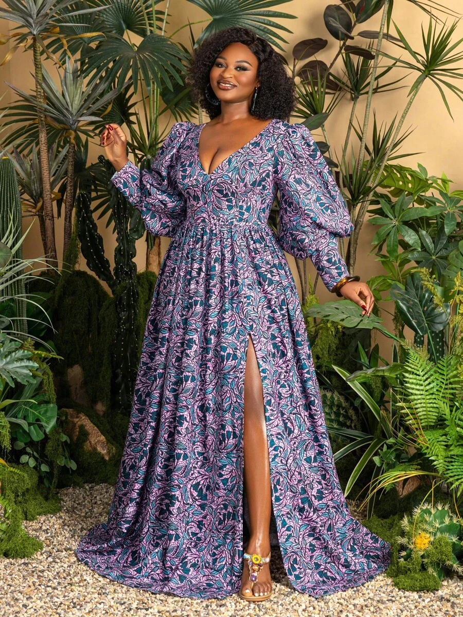 TribalChic Plus 女式大码连衣长裙：修身 V 领，优雅灯笼袖，时尚高开衩，飘逸 A 字廓形。适合日常出游、海滩休闲漫步、周末度假和户外野餐。 - 紫色 - 查看 1