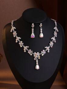 4pcs Elegant Baroque Rhinestone Crown Necklace And Earrings Set, Suitable For Wedding And Event Occasions Tiaras - Nhiều màu - Xem 2