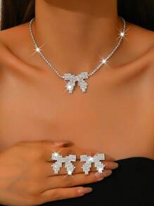 3 PiecesSet Of Fashionable European And American Crystal Bowknot Earrings And Necklaces, Suitable For Weddings, Banquets, Everyday Wear, Parties, And Holiday Gifts