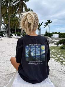Camiseta de Verano para Mujeres con Estampado de Letras Personalizadas, Cuello Redondo, Camiseta de Media Manga a la Moda y Versátil con Estampado de Cielo Estrellado de Van Gogh Camisetas Gráficas Mujeres Top Rosa Top Blanco Top Negro - Negro - Ver 5