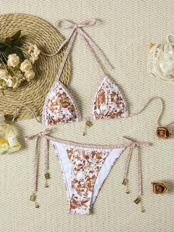 Conjunto de bikini de unicolor con ribete de encaje con estampado floral azul, estilo europeo y americano, accesorio metálico sexy para festivales de música, club y playa de verano
