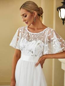 Váy cưới cổ điển ren sequin tương phản tay ngắn cạp cao màu trắng cho tiệc cô dâu - trắng - Xem 5