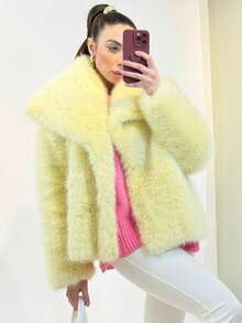 TRAFZA 女式人造毛皮优雅外套休闲奢华纯色外套保暖超大女士时尚街头长袖夹克 - 黃綠色 - 查看 2