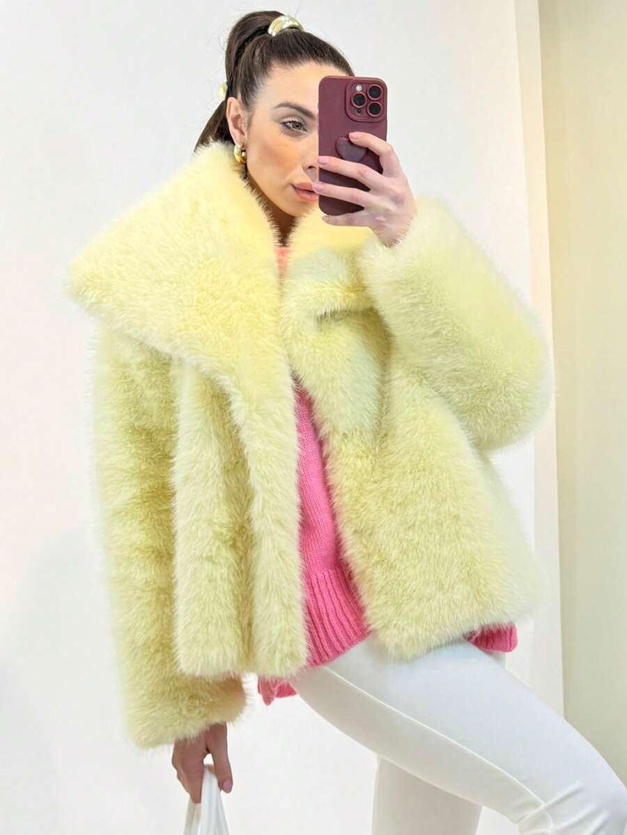 TRAFZA 女式人造毛皮优雅外套休闲奢华纯色外套保暖超大女士时尚街头长袖夹克