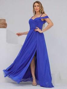 Long Off-The-Shoulder Party Dress With Sparkle For Bridesmaid, Wedding, Princess Graduation - 寶藍色 - 查看 2