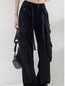 Multi Pocket Loose Slim Straight Pants  Plain    Casual    Zipper    Daily - màu đen - Xem 1