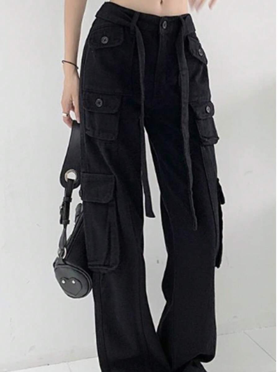 Multi Pocket Loose Slim Straight Pants  Plain    Casual    Zipper    Daily - màu đen - Xem 1