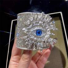 1 件夸张金属水钻邪眼袖口手镯，宽哥特式巴洛克风格眼形手镯，闪亮复古配饰