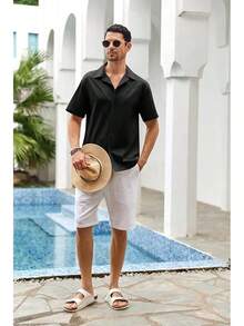 Mens Linen Button Down Shirts Short Sleeve Basic Cuban Regular Fit Wedding Summer Beach Tops - 黑色 - 查看 10