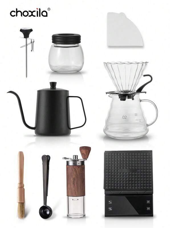 choxila 1 pièce Set de café filtre V60 02 - Édition cadeau pour la fête de l'Aïd. Cet ensemble de café filtre haut de gamme sert également d'accessoires de voyage portables, comprenant une bouilloire à café de 600 ml avec thermomètre intégré, une cafetière en verre de 600 ml assortie au filtre V60 02, un moulin à café manuel, une cuillère à café, une balance de café numérique, un bocal à café en verre, une brosse de nettoyage pour le moulin.