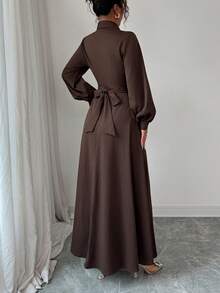 LilyHouse 女士春季连衣裙，优雅 A 字喇叭下摆纽扣设计长裙，适合办公室、春季穿搭、休闲、婚礼、派对等场合。 - 棕色 - 查看 3