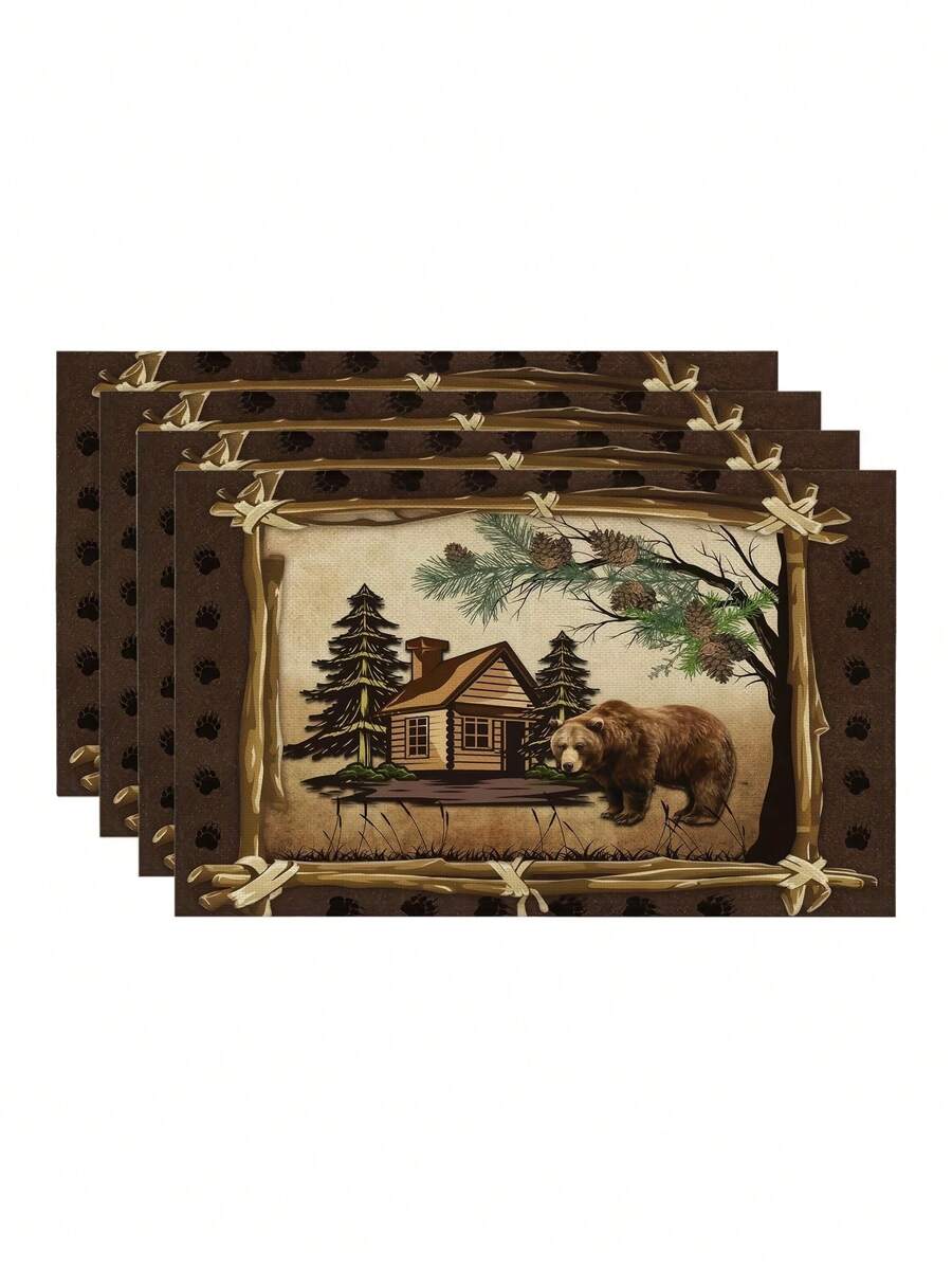 4 buc. Covorașe rustice vintage cu ursuleți maro, scenă de cabană confortabilă cu pini și borduri rurale, covorașe de masă dreptunghiulare lavabile, potrivite pentru cina în familie, masă de cafea, decor pentru casă, decor durabil pentru bucătărie și sufragerie, decorațiuni de masă pentru petreceri și scene