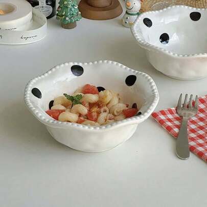 1pc不对称捏圆点陶瓷碗ins风高端大容量双耳碗圆点勺早餐酸奶碗米饭碗双耳汤盆单份餐具陶瓷适用于居家餐厅甜品店办公室送礼