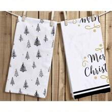 Set de 2 prosoape cu tematică de Crăciun, concepute cu un model simplu de brad de Crăciun, lavabile la mașină, rezistente la căldură, absorbante și reutilizabile, potrivite pentru decorarea camerei, prosoape de bucătărie și baie, decorarea petrecerilor, decorarea casei și un cadou ideal de Crăciun.