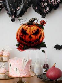 1pc Halloween Novelty Wall Decal, Creepy Pumpkin & Dark Rose Floral Vine Background Wallpaper Sticker, Self-Adhesive Decor For Bedroom, Living Room, Corridor, Entryway, Kitchen, Bathroom, Festive Home Decor Halloween Decor Fall Decor Room Decor Autumn Decor