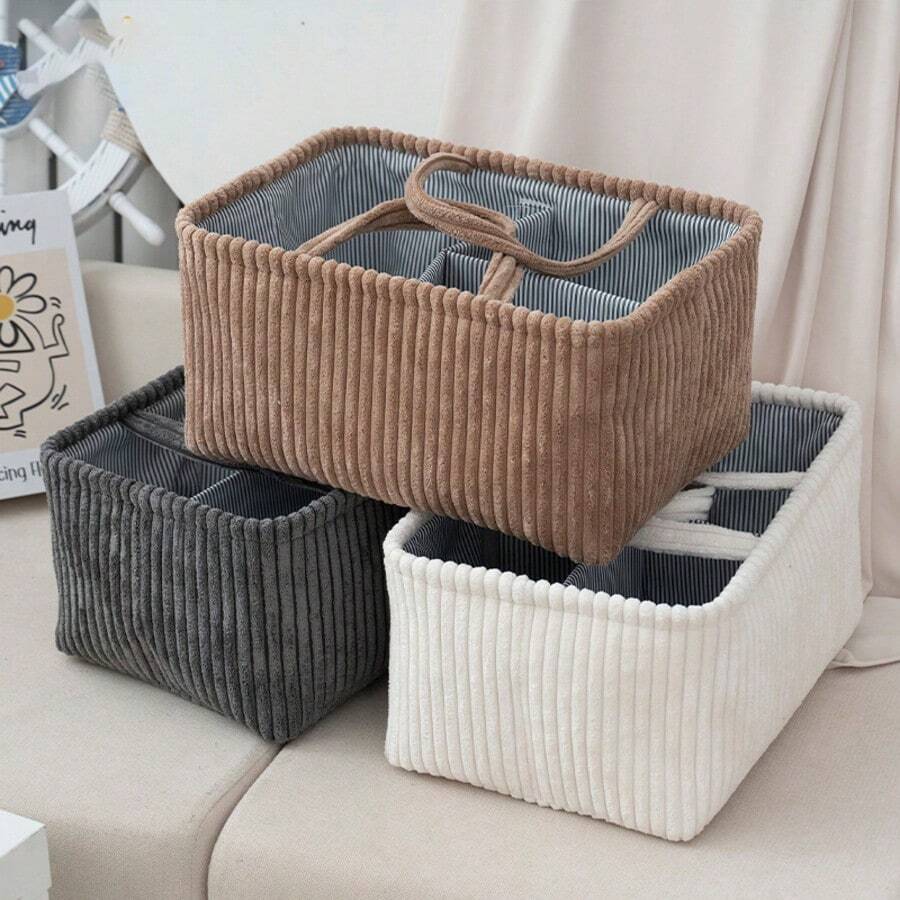 1pc Fabric Storage Basket, Handmade Woven Desktop Organizer Basket, Snack & Fruit Storage Box, Woven Storage Basket, Handled Storage Bin, Decorative Storage Box, Laundry Hamper With Divider