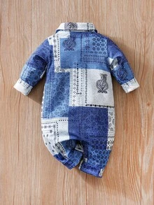 Newborn Baby Boys & Girls' Long Sleeve Lapel Denim Effect Bear Design Jumpsuit, Suitable For Spring & Autumn - Blue - View 2