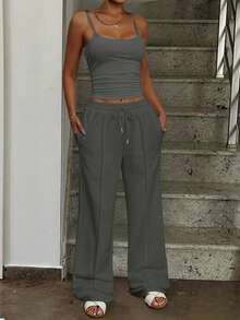 Casual Solid Color Camisole And Sweatpants Set Summer - Dark Grey - View 6