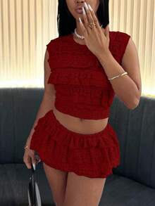 Spring/Summer Lace Jacquard Ruffle Trim Round Neck Top And Mini Skirt 2 Pieces Set - Burgundy - View 2