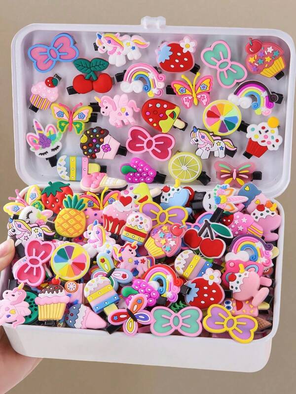 50 pièces Assortiment de barrettes à cheveux style nœud, fruit, animal, dessin animé, fleur. Barrettes de princesse simples pour les franges et les cheveux, accessoires capillaires pour filles, pinces à cheveux, pinces à cheveux, barrettes, barrettes, fournitures scolaires, accessoires nœud