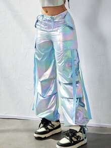 Y2K Holographic Laser Flap Pocket Side With Tape Drawstring Waist Wide Leg Parachute Cargo Pants Daily Casual Comfy Trousers Party Festival Outfit - 藍色 - 查看 7