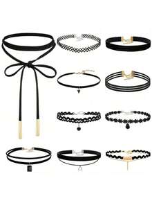 10 件黑色天鹅绒颈链，带收纳袋，适合女士 - 黑色 - 查看 9