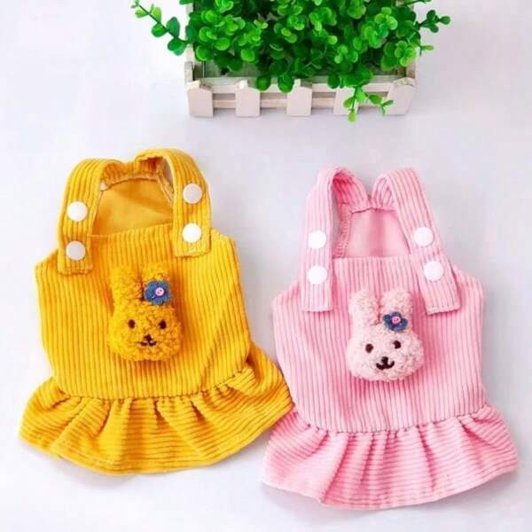 1pc New Autumn/Winter Happy Dog & Cat Plush Chic Elegant Corduroy Suspender Dress, Poodle & Bichon Frise Pet Clothing