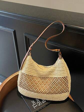 1pc Bohemian Style Woven Tote Bag, Fashion Minimalist Chic Straw Handbag For Women, Large Capacity Beach Vacation Crossbody Shoulder Bag, New Summer Collection
