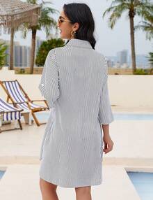 Women's Swimsuit Cover - Ups White Chiffon Bikini Swimwear Beach Dress Outfits Summer 6HQS - 條紋灰白 - 查看 7