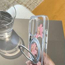 Funda para teléfono 1 pieza Patrón de lirio rosa Acrílico de alta transparencia Soporte de ventosa giratorio magnético fuerte, Funda para teléfono móvil Base vertical anticaída, Adecuado 16promax 16 15pro 14 13Pro 1500Pro Series - transparente - Ver 2