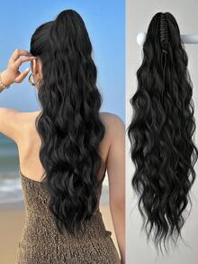 22 Inch Black Water Wave Natural Curly Clip-In Ponytail Hair Extensions, Soft & Natural, Heat Resistant Synthetic Hair, For Women