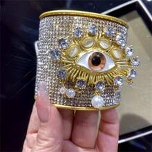 1 件夸张金属水钻邪眼袖口手镯，宽哥特式巴洛克风格眼形手镯，闪亮复古配饰