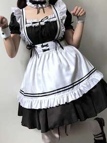 奇迹暖暖系带蝴蝶结女仆装套装，可爱女仆装洛丽塔角色扮演服装，适合情人节情侣装、化装舞会、音乐节、派对、俱乐部舞台表演 - 彩色 - 查看 7