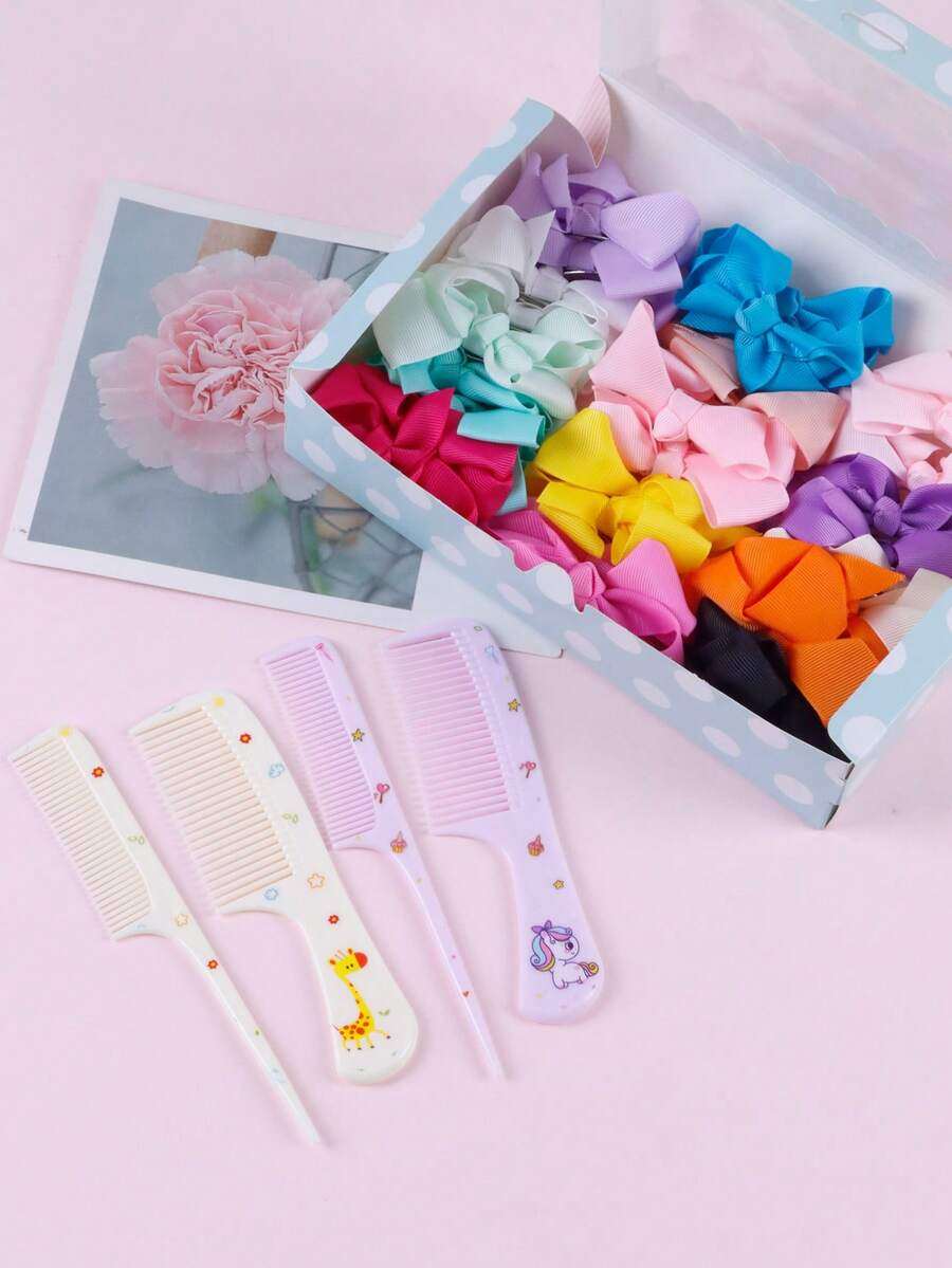 32 Pcs Assorted Color Bowknot & Duck Bill Hair Clips, Comb For Daily Use, Gift Box Included - Multicolor - View 1