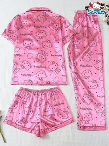 SANRIO 女士睡衣套装，Hello Kitty 领短袖纽扣口袋上衣配蝴蝶结长裤和短裤，休闲家居服，秋冬服装 - 粉色 - 查看 2