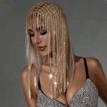 1 Pc Long Rhinestone Headpiece Cap 1920s Tassel Crystal Flapper Head Chain Gatsby Belly Dance Hair Accessories For Women - Vàng - Xem 3