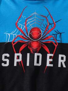 Young Boys' Casual Streetwear Outdoor Sports Cute Cartoon Spider Web & Letter Print Soft Comfortable Hoodie Sweatshirt, Autumn