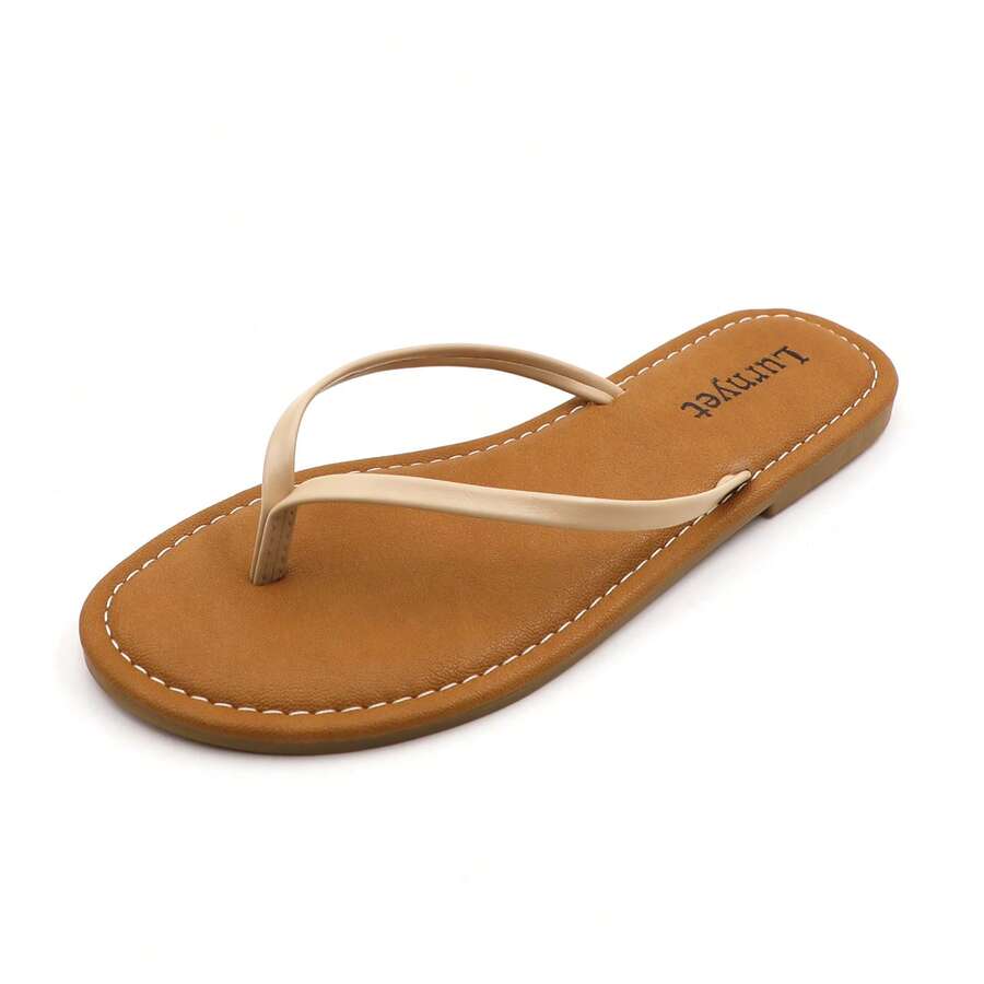 Women's Classic Flip Flops, Straps With Tan Footbed, Casual Beach Sandals: Stylish Design, Non-Slip Rubber Sole, Latex Insole For Comfort, Perfect For Shopping, Parties, And Casual Outings  Beach    Casual    Polyester    Plain / Plain Toe    Beach  Vacation - 杏色 - 查看 1